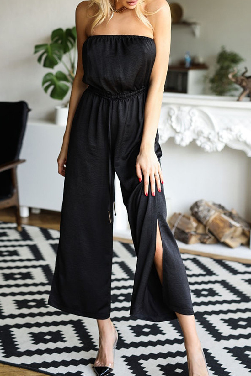Casual Solid Split Joint Strapless Straight Jumpsuits