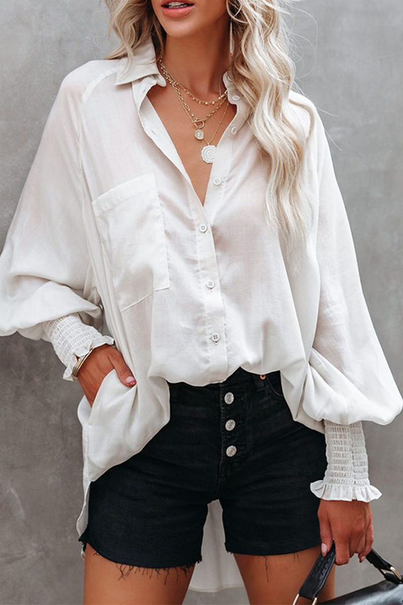 Casual Solid Patchwork Turndown Collar Tops(3 colors)