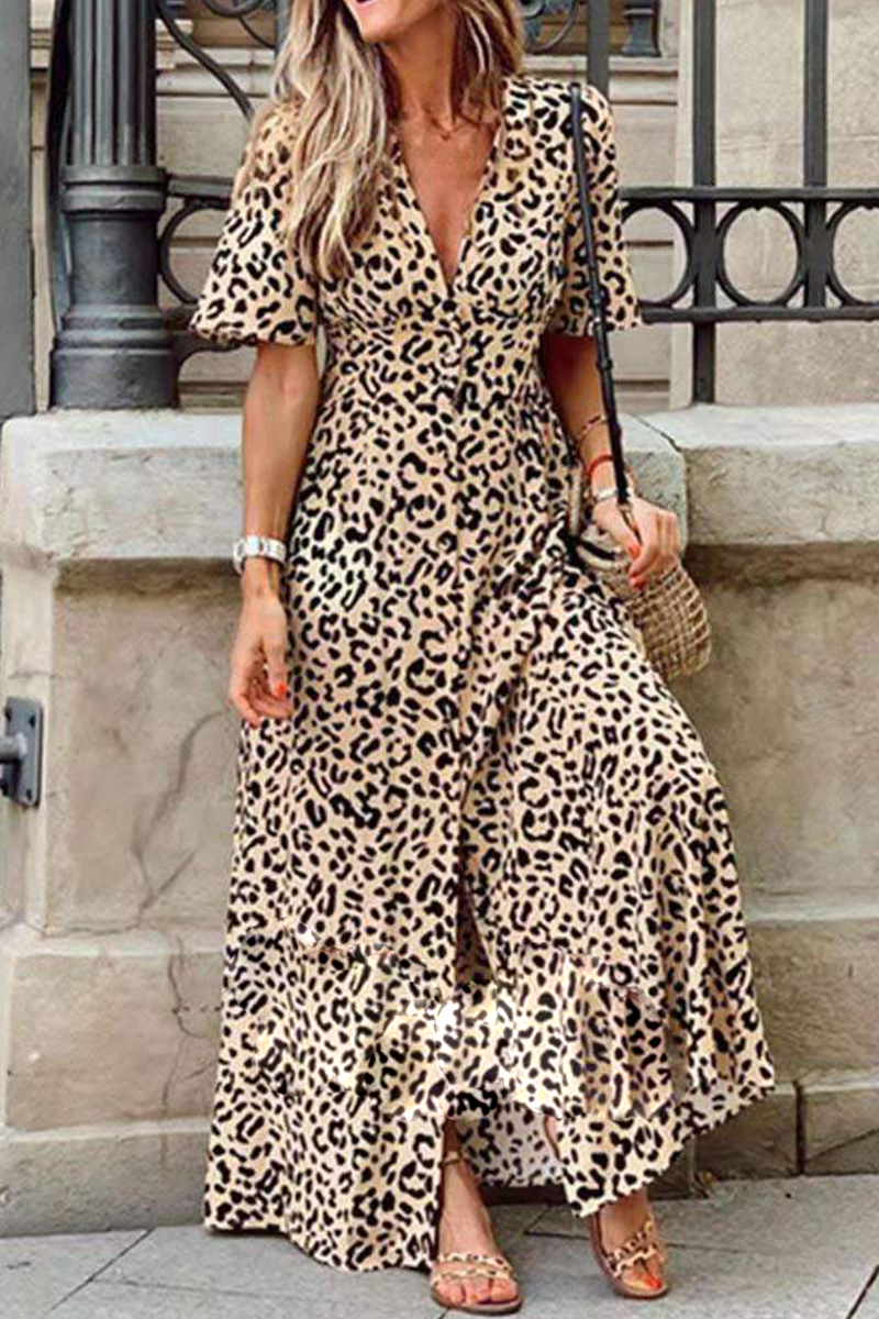 Fashion Leopard Slit V Neck Straight Dresses