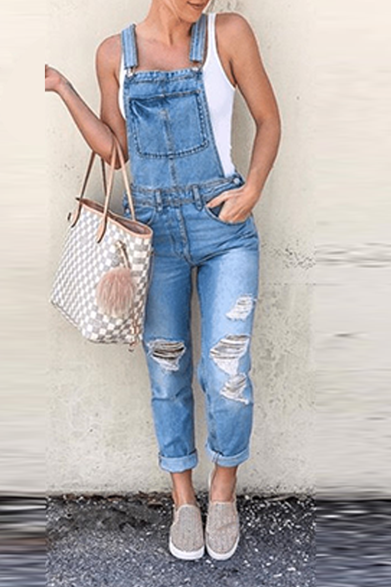 Casual Solid Patchwork Square Collar Sleeveless Harlan Denim Jumpsuits