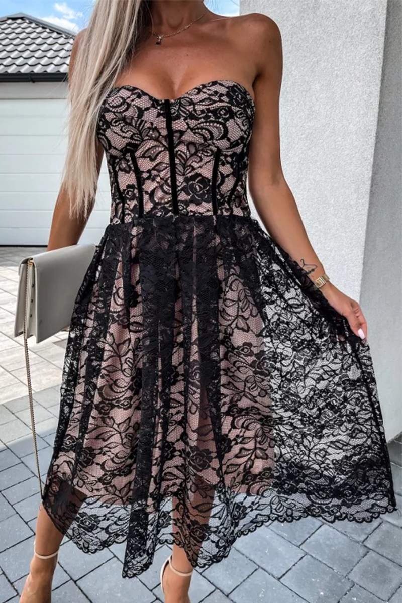 Sexy Solid Lace Strapless Cake Skirt Dresses