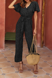 Casual Dot Patchwork V Neck Straight Jumpsuits