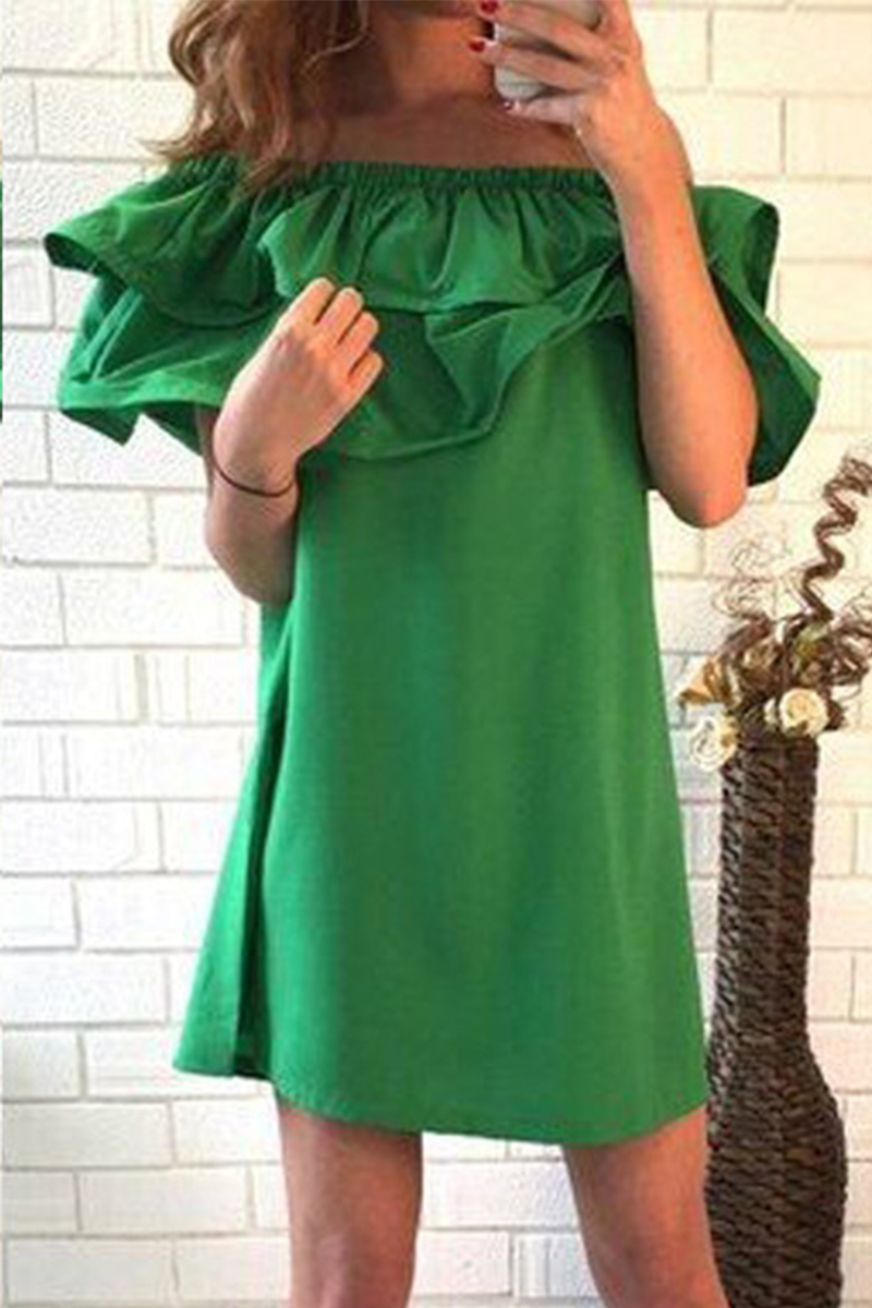 Fashion Solid Flounce Off the Shoulder Straight Dresses(3 colors)