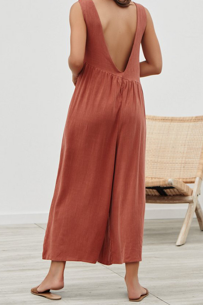Casual Solid Patchwork O Neck Loose Jumpsuits