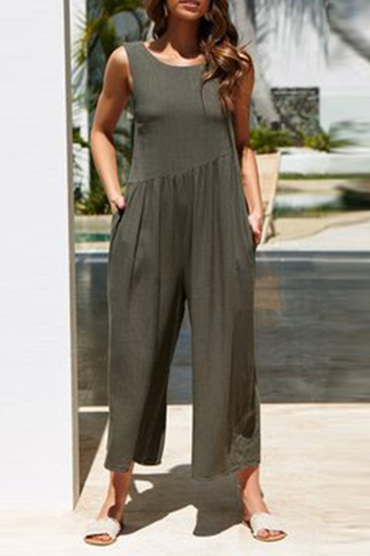 Casual Solid Patchwork O Neck Loose Jumpsuits