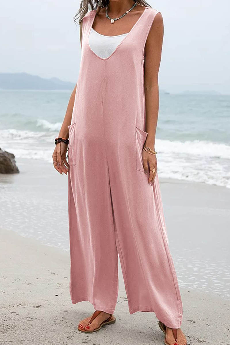Casual Solid Patchwork U Neck Straight Jumpsuits(5 colors)