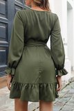 Vestidos de saia de bolo com decote em V sólidos da moda (3 cores)