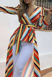 Vestidos listrados de patchwork com decote em V da moda