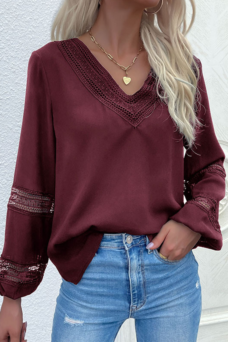 Casual Solid Hollowed Out V Neck Tops(3 Colors)