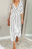 Casual Striped Patchwork V Neck Straight Jumpsuits