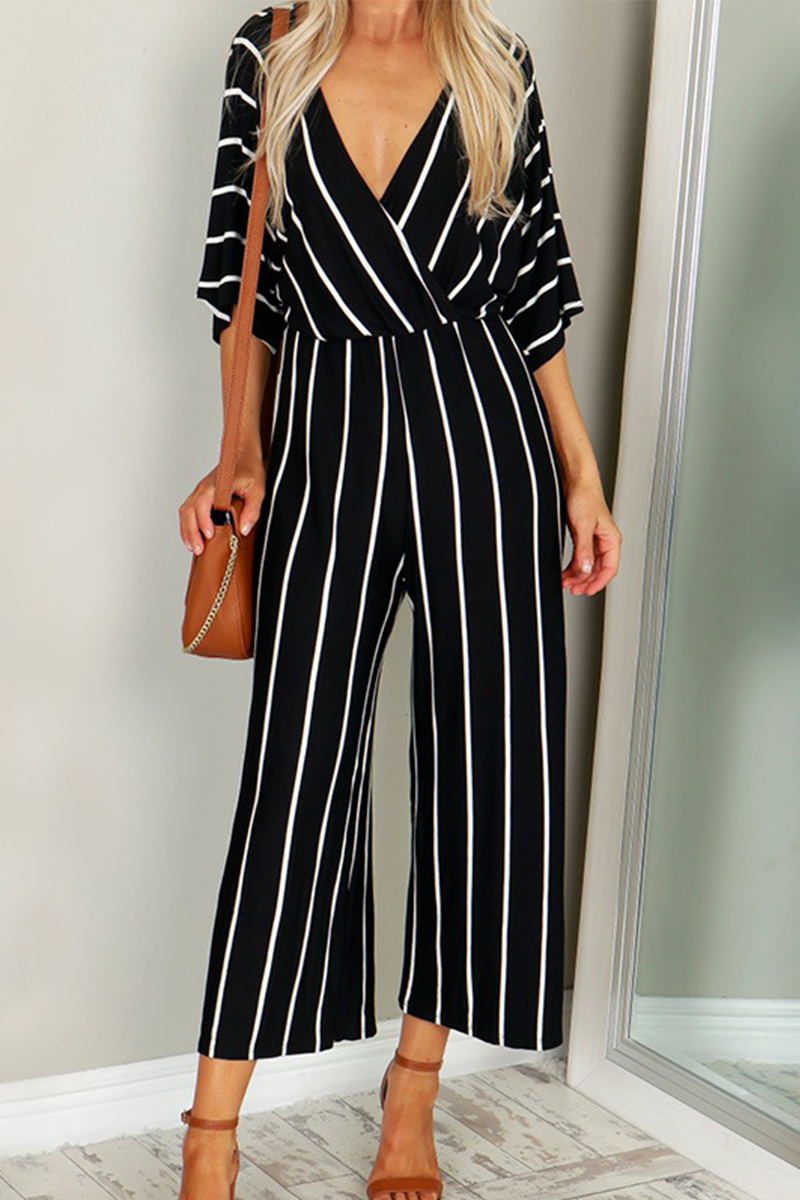 Casual Striped Patchwork V Neck Straight Jumpsuits