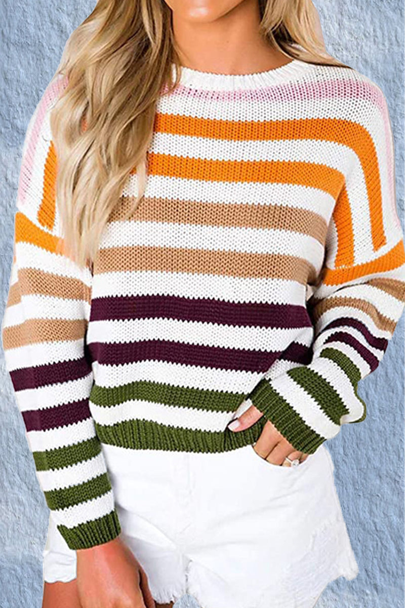 Fashion Sweet Striped Patchwork O Neck Sweaters(4 Colors)