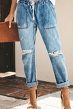 Street Solid Ripped Frenulum Straight Denim Jeans(3 Colors)