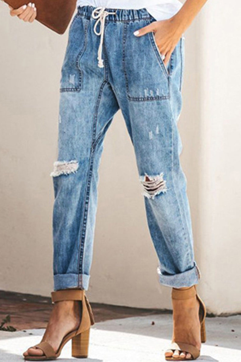 Street Solid Ripped Frenulum Straight Denim Jeans(3 Colors)