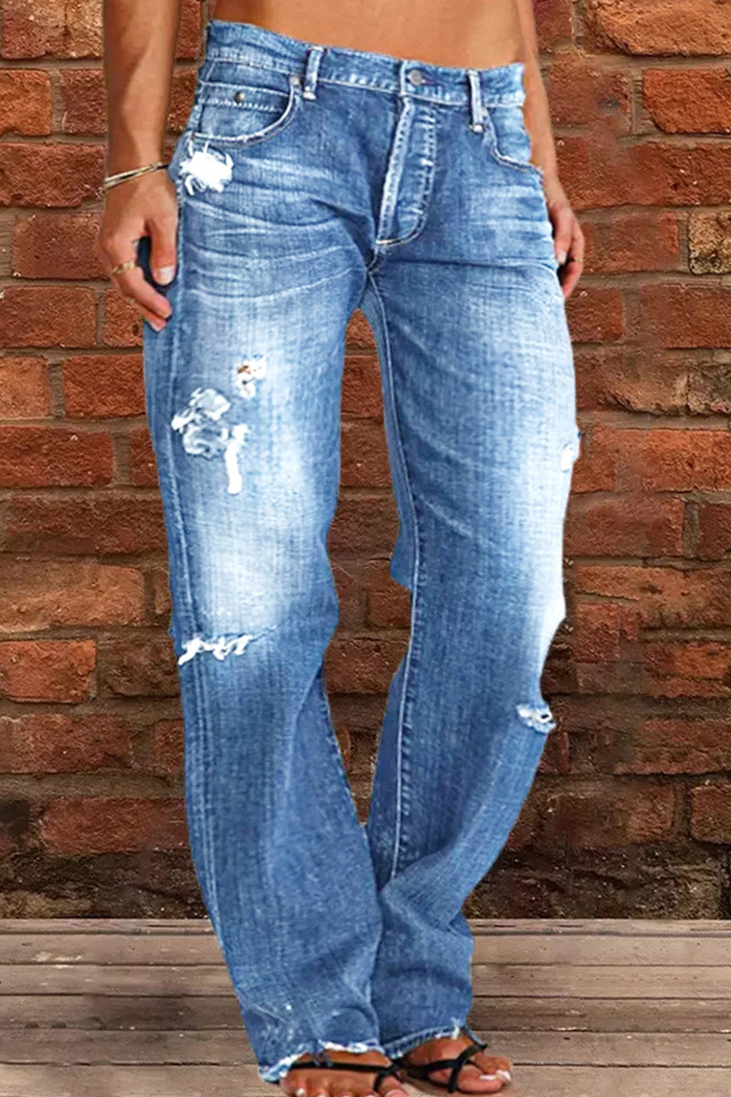 Casual Street Patchwork Ripped Straight Denim Jeans(5 Colors)