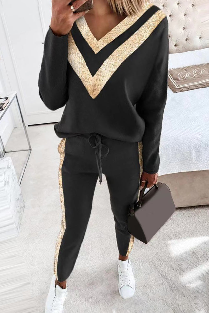 Casual Street Solid Patchwork V Neck Long Sleeve Two Pieces