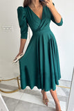 Dulce y elegante color sólido con cuello en V vestidos de una línea (4 colores)