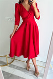 Dulce y elegante color sólido con cuello en V vestidos de una línea (4 colores)