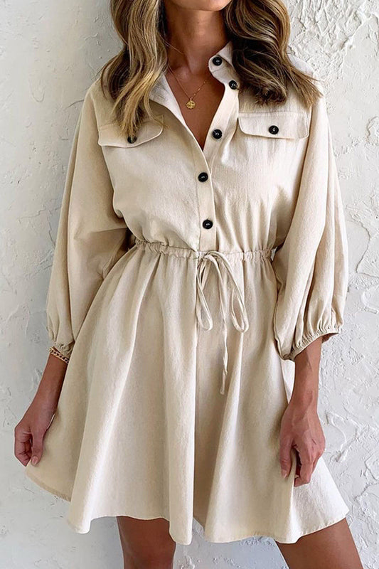 Elegant Solid Pocket Frenulum Turndown Collar Long Sleeve Dresses