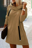 Vestidos casuais de rua sólido com zíper e gola A line (5 cores)