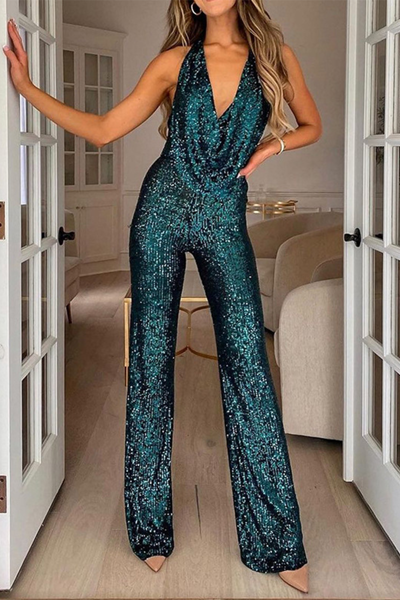 Daily Solid Sequins Halter Boot Cut Jumpsuits(5 Colors)