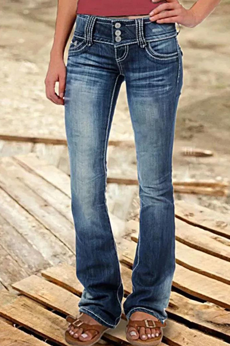 Street Patchwork Ripped High Waist Boot Cut Denim Jeans(8 Colors)