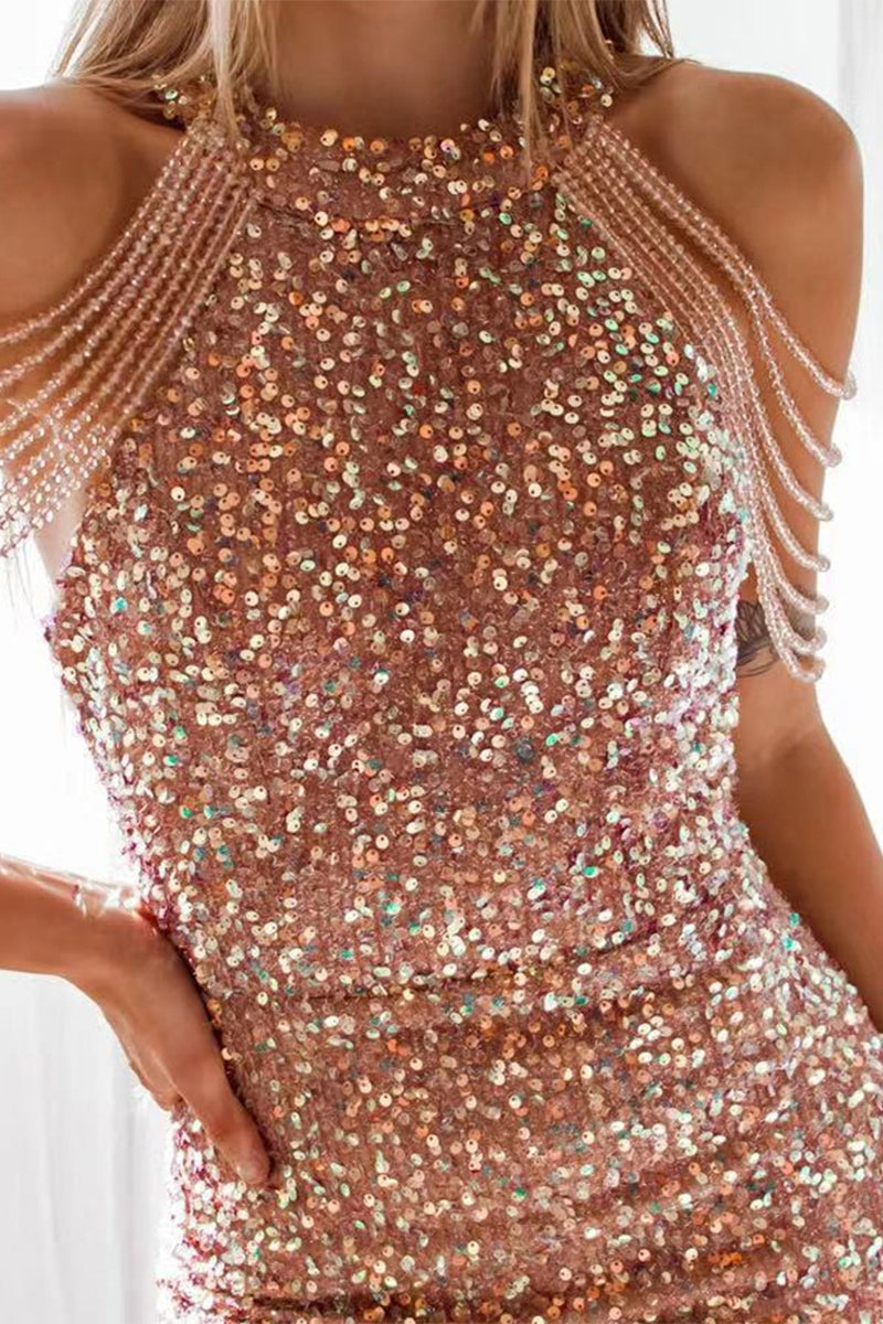 Sexy Solid Sequins Patchwork Strapless Wrapped Skirt Dresses(4 Colors)