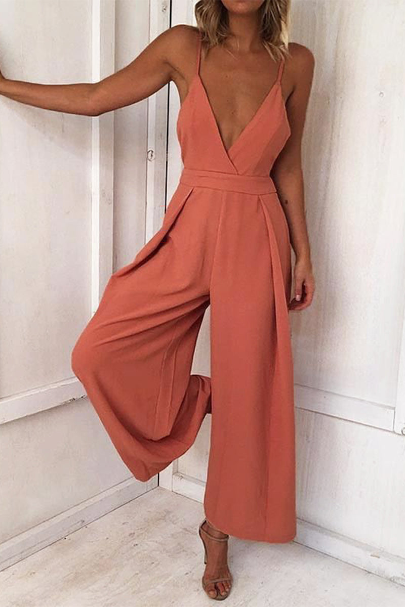 Sexy Solid Frenulum Backless V Neck Loose Jumpsuits