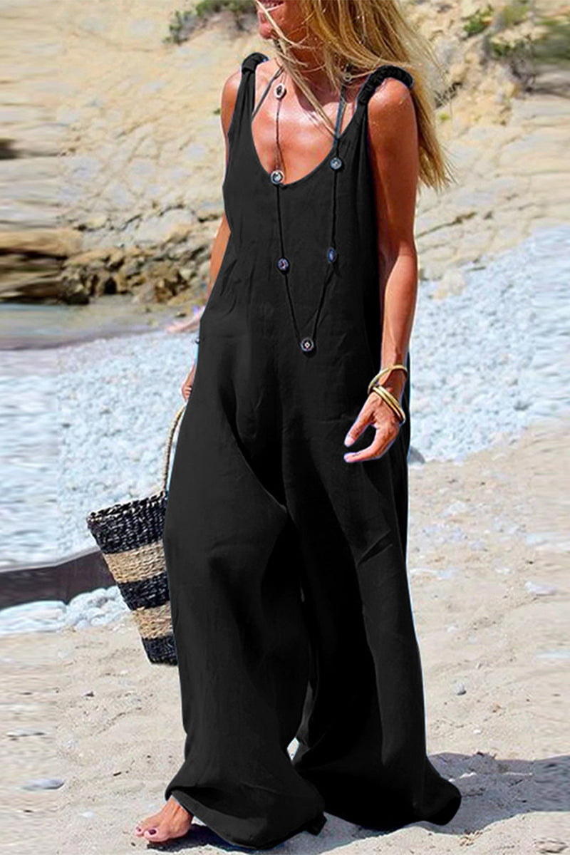 Casual Solid Patchwork V Neck Loose Jumpsuits(3 Colors)
