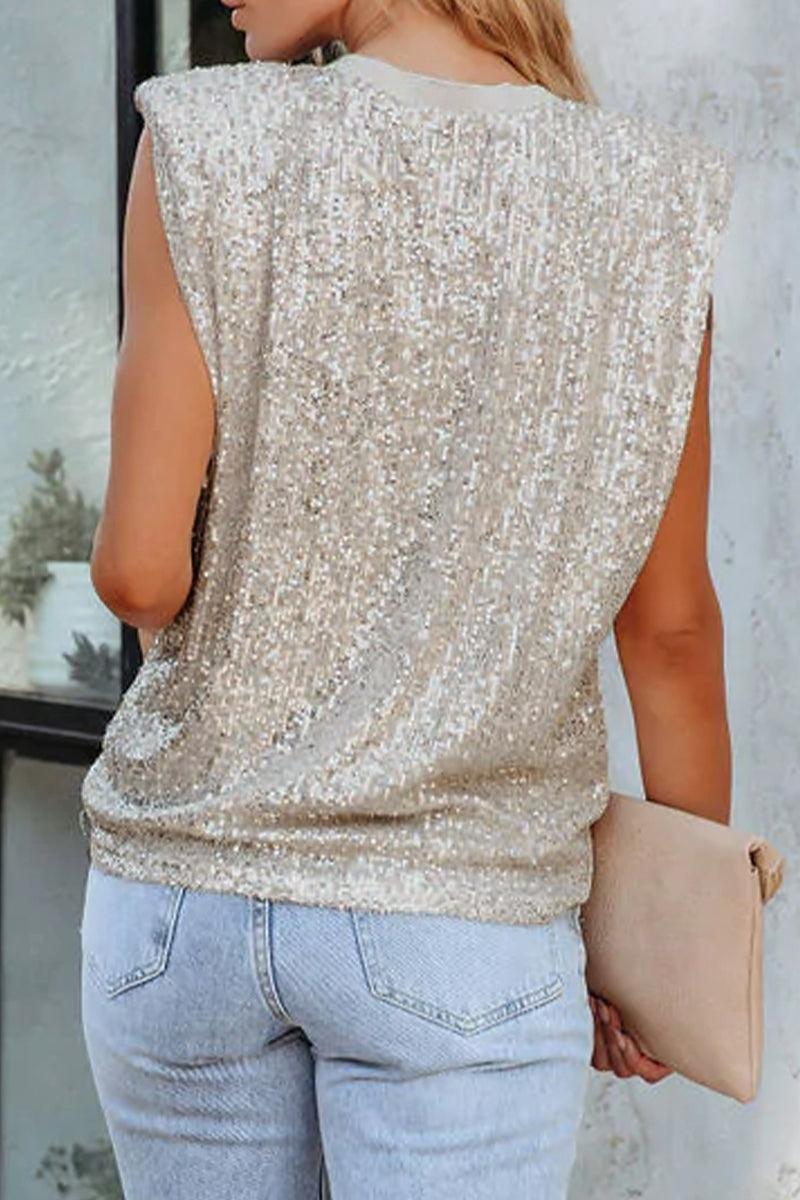 Solid Sequins O Neck Tops