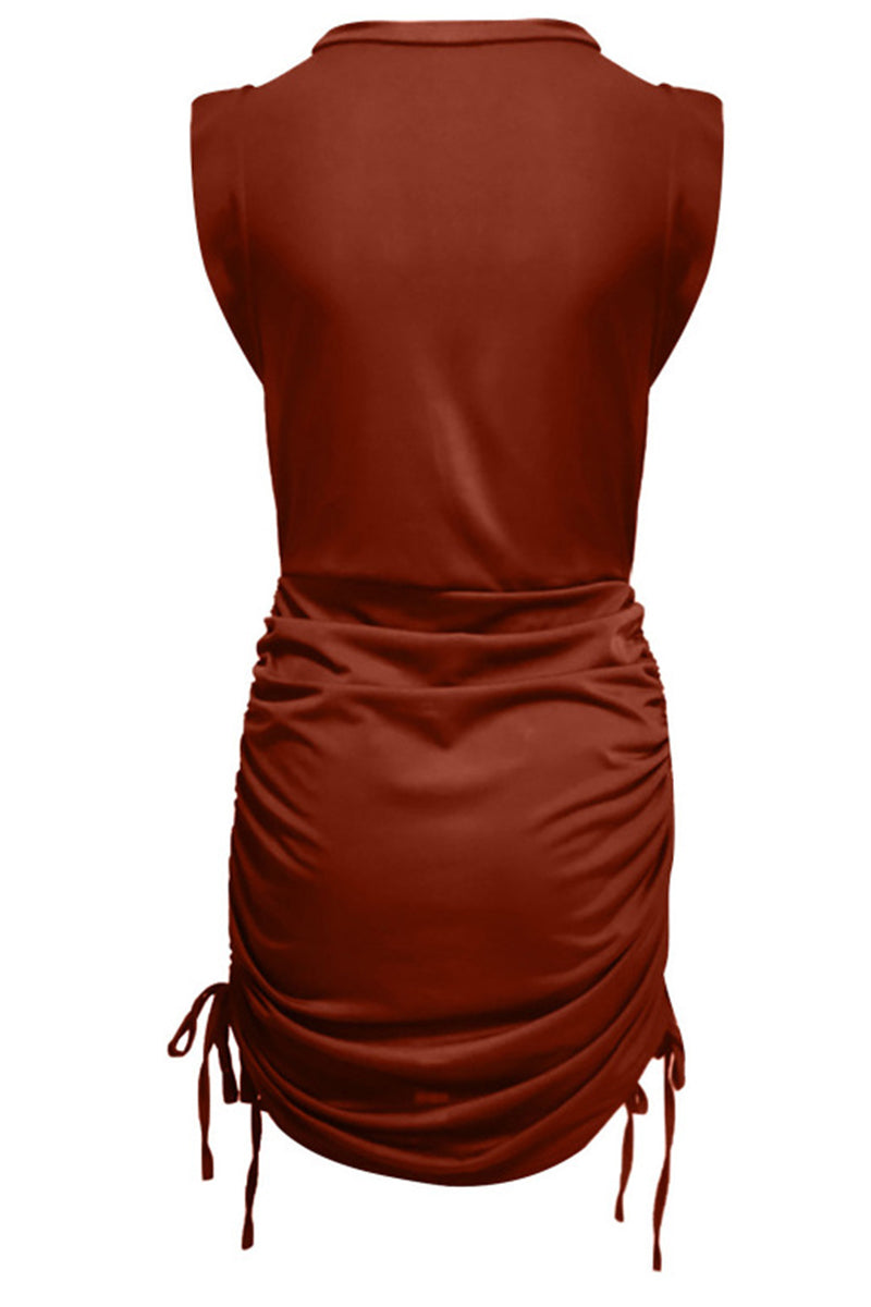 Work Solid Draw String Solid Color O Neck A Line Dresses(3 Colors)
