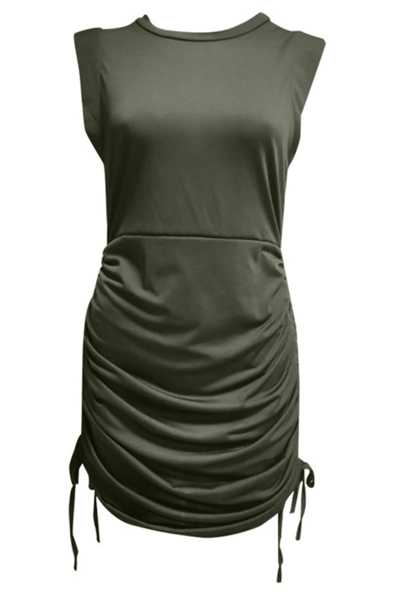 Work Solid Draw String Solid Color O Neck A Line Dresses(3 Colors)