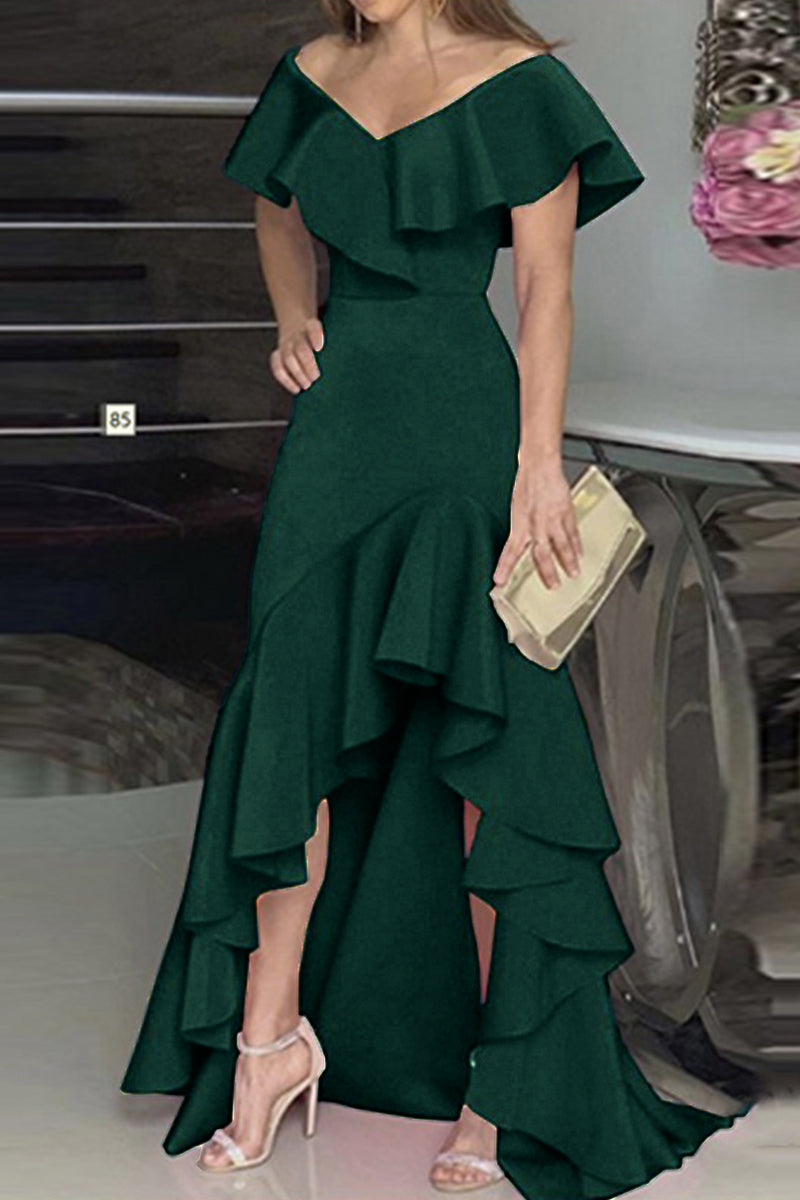 Elegant Solid Flounce V Neck Irregular Dress Dresses(4 Colors)