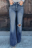 Calça Jeans Street Sólida Rasgada Cintura Alta Corte Bota Jeans