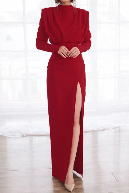 Elegant Solid Patchwork Backless Slit Fold O Neck Straight Dresses(3 Colors)