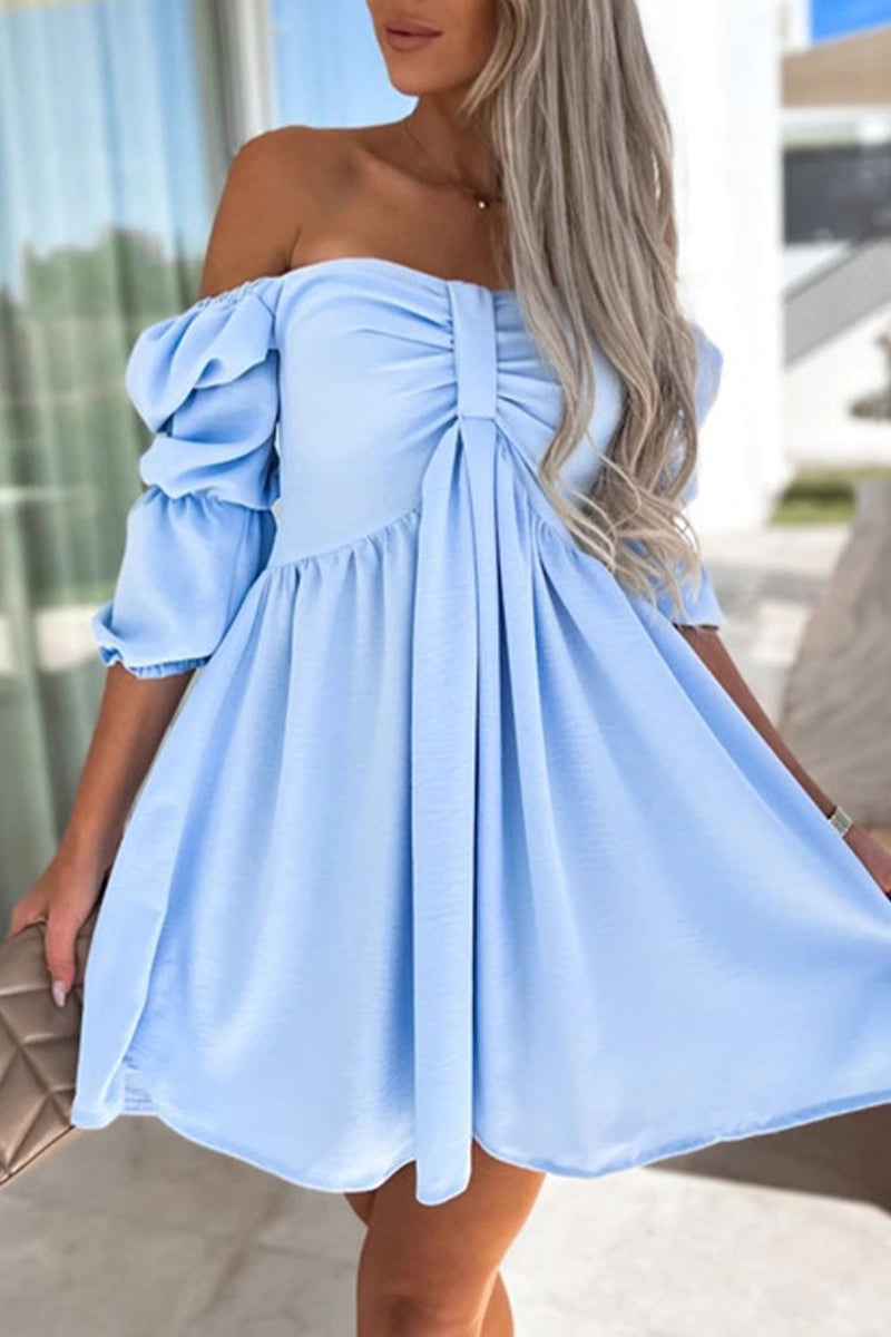 Elegant Simplicity Solid With Bow Off the Shoulder A Line Dresses(4 Colors)