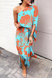 Casual Vacation Print Patchwork Oblique Collar Irregular Dress Dresses(16 Colors)