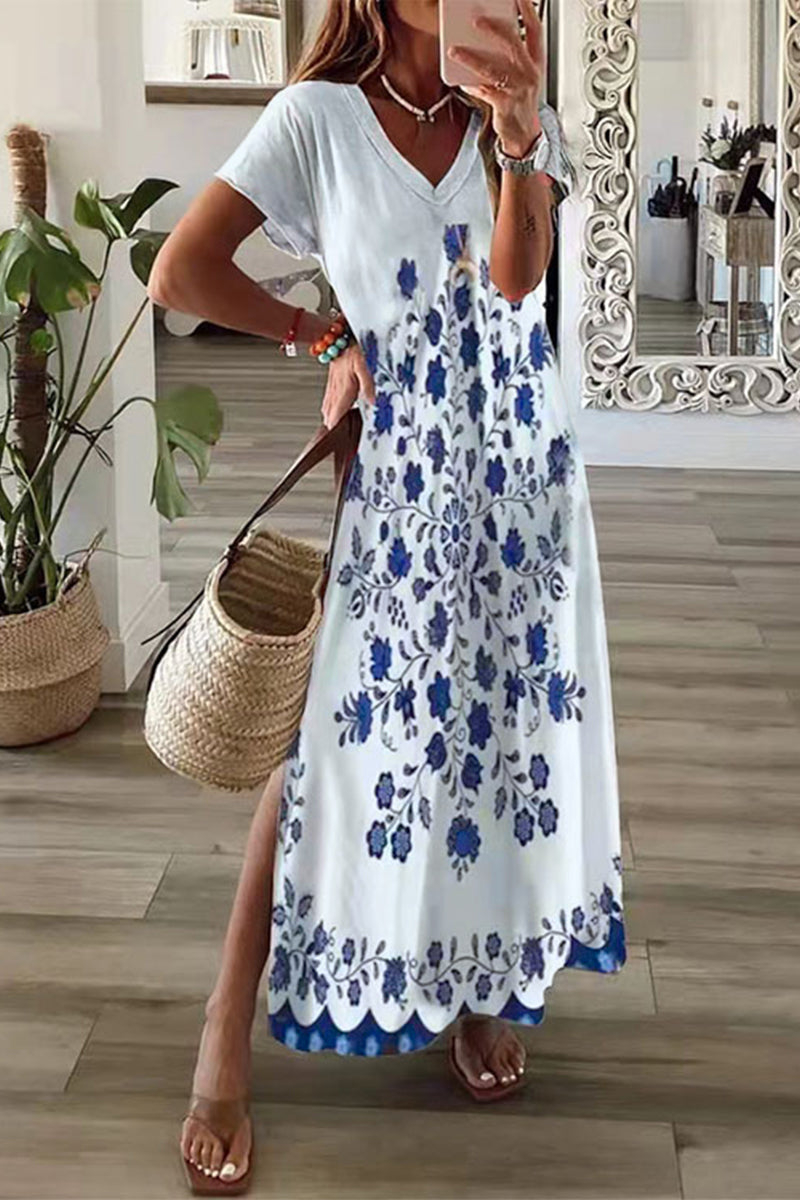 Casual Mixed Printing Patchwork Slit Printed Dress Short Sleeve Dress(8 Colors)