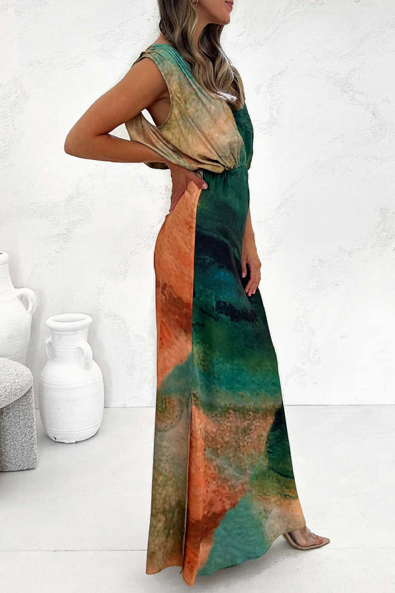 Casual Vacation Tie Dye Backless V Neck A Line Dresses