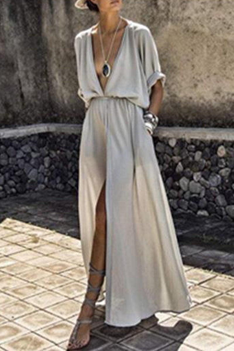 Sexy Elegant Solid Slit V Neck A Line Dresses(3 Colors)