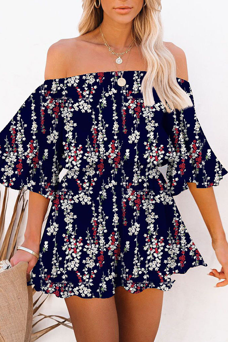 Casual Simplicity Print Patchwork Off the Shoulder Loose Jumpsuits(5 Colors)