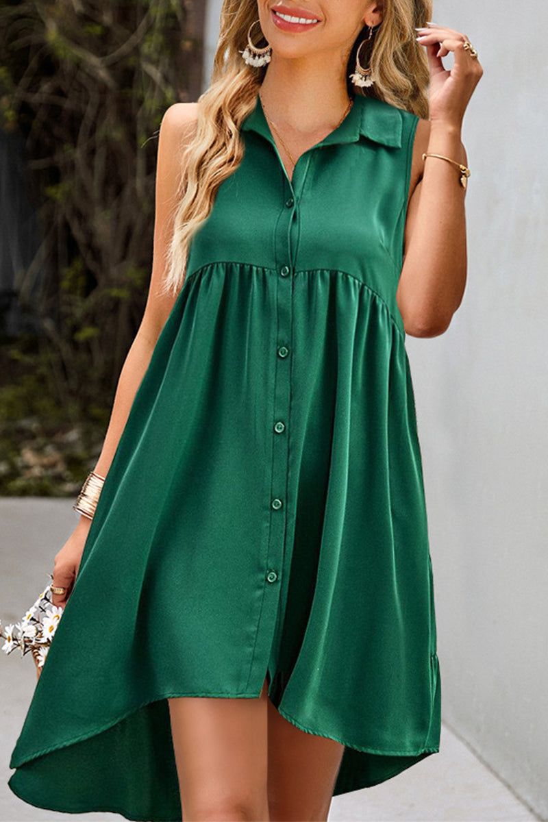 Casual Daily Solid Buckle Turndown Collar A Line Dresses