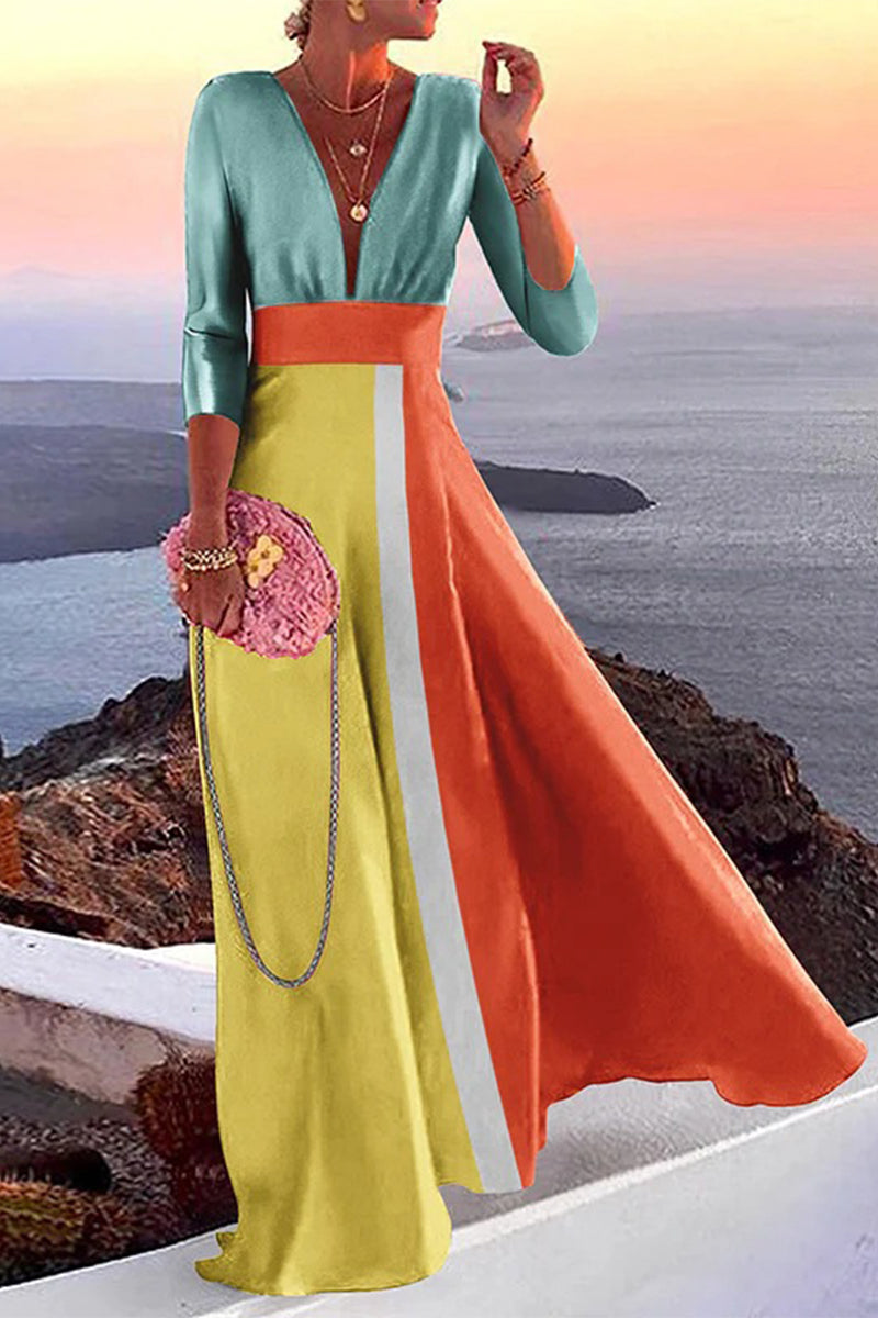 Elegant Vacation Print Patchwork V Neck One Step Skirt Dresses(3 Colors)