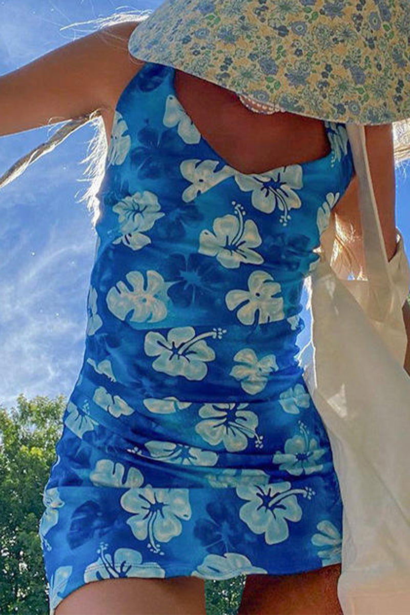 Sexy Vacation Floral Patchwork V Neck Wrapped Skirt Dresses