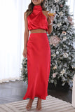 Celebrities Elegant Solid Solid Color Halter Sleeveless Two Pieces(8 Colors)