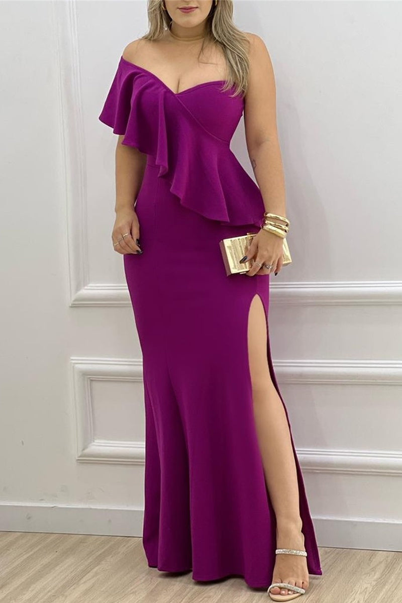 Celebrities Elegant Solid Flounce Slit Asymmetrical One Shoulder Evening Dress Dresses(3 Colors)