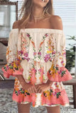 Elegant Vacation Print Patchwork Off the Shoulder Cake Skirt Dresses