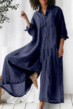 Casual Vacation Solid Pocket Buttons Turndown Collar Loose Jumpsuits