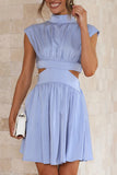 Sweet Elegant Solid Ripped Mandarin Collar Waist Skirt Dresses