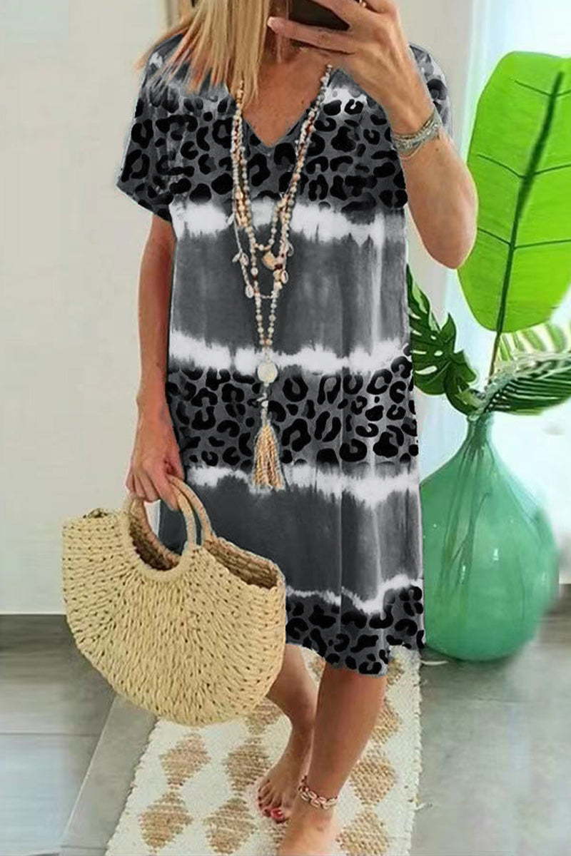 Sexy Casual Striped Leopard Patchwork V Neck Short Sleeve Dress Dresses